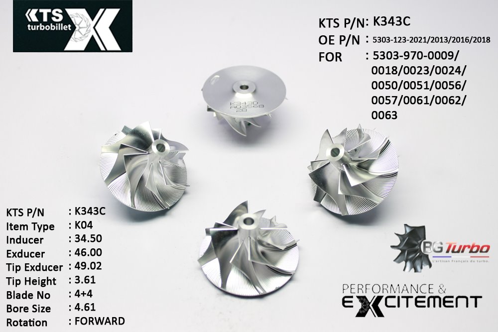 Turbo ROUE FORGÉE MFS PERFORMANCE - 4+4 PALES - INDUCER : 34,5 - EXDUCER : 46 - TYPE : K04ANGLE : 50° - ROTATION : Forward - SUPER BACK : 1,8 - BORE SIZE : 4,61
